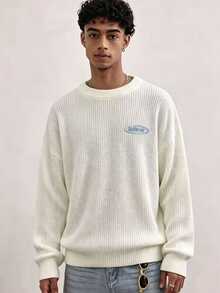 TOKVUE Men's Letter Print Drop Shoulder Long Sleeve Loose Sweater - White - View 2