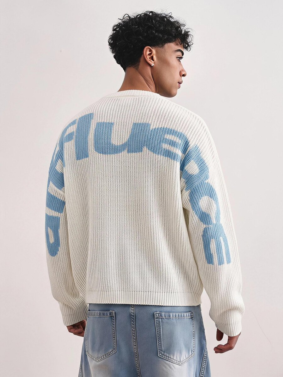 TOKVUE Men's Letter Print Drop Shoulder Long Sleeve Loose Sweater - White - View 1