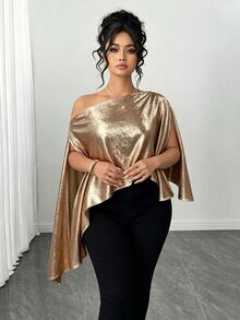 Juhart Women's Fashion Elegant Asymmetrical Shoulder Slit Cape Sleeve Metallic Blouse, Suitable For Daily, Party, Gathering Wear Fall - Champagne - View 4