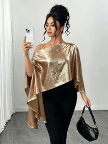 Juhart Women's Fashion Elegant Asymmetrical Shoulder Slit Cape Sleeve Metallic Blouse, Suitable For Daily, Party, Gathering Wear Fall - Champagne - View 5