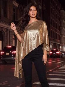 Juhart Women's Fashion Elegant Asymmetrical Shoulder Slit Cape Sleeve Metallic Blouse, Suitable For Daily, Party, Gathering Wear Fall - Champagne - View 8