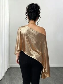 Juhart Women's Fashion Elegant Asymmetrical Shoulder Slit Cape Sleeve Metallic Blouse, Suitable For Daily, Party, Gathering Wear Fall - Champagne - View 2