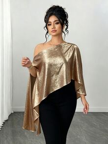 Juhart Women's Fashion Elegant Asymmetrical Shoulder Slit Cape Sleeve Metallic Blouse, Suitable For Daily, Party, Gathering Wear Fall - Champagne - View 7