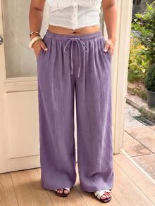 GalTyme Purple Plus Size Women's Casual Drawstring Waist Pants Fall - Violet Purple - View 4