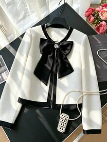 GlowEve CURVE Plus Size Women's Luxury Elegant Decorative Buckle Design Contrast Color Bow Jacket, Suitable For Dating Office Work Party Occasions White Autumn Fall - Beige - View 8