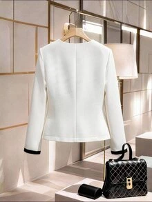 GlowEve CURVE Plus Size Women's Luxury Elegant Decorative Buckle Design Contrast Color Bow Jacket, Suitable For Dating Office Work Party Occasions White Autumn Fall - Beige - View 2