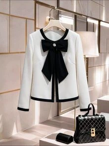 GlowEve CURVE Plus Size Women's Luxury Elegant Decorative Buckle Design Contrast Color Bow Jacket, Suitable For Dating Office Work Party Occasions White Autumn Fall - Beige - View 6