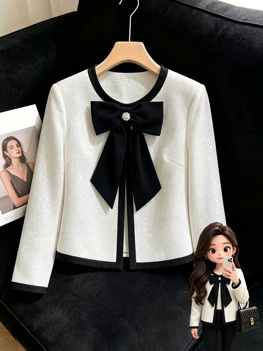 GlowEve CURVE Plus Size Women's Luxury Elegant Decorative Buckle Design Contrast Color Bow Jacket, Suitable For Dating Office Work Party Occasions White Autumn Fall - Beige - View 1