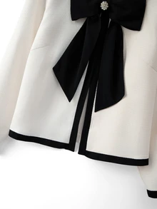 GlowEve CURVE Plus Size Women's Luxury Elegant Decorative Buckle Design Contrast Color Bow Jacket, Suitable For Dating Office Work Party Occasions White Autumn Fall - Beige - View 3
