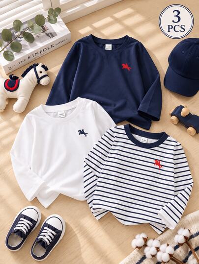 SHEIN Playful Pals 3pcs/Set Baby Boy KHorse Icon Navy Blue White Navy And White Long Sleeve T-Shirts Soft Crew Neck Casual Western Basic Old Money Kawaii Autumn Tops