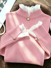 RosyDaze Atasan Dalaman Rajut Bergaris Merah Muda Gaya Manis & Lembut Musim Gugur/Dingin, Atasan Lapisan Dalam Berbahan Chiffon dengan Kerah Semi-Tinggi dan Kancing Mutiara, Potongan Ramping dan Lengan Panjang Mengembang, Atasan Lapisan Dalam Serbaguna untuk Perjalanan dan Kencan - Berwarna merah muda - View 6