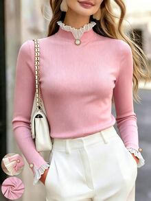 RosyDaze Atasan Dalaman Rajut Bergaris Merah Muda Gaya Manis & Lembut Musim Gugur/Dingin, Atasan Lapisan Dalam Berbahan Chiffon dengan Kerah Semi-Tinggi dan Kancing Mutiara, Potongan Ramping dan Lengan Panjang Mengembang, Atasan Lapisan Dalam Serbaguna untuk Perjalanan dan Kencan - Berwarna merah muda - View 1