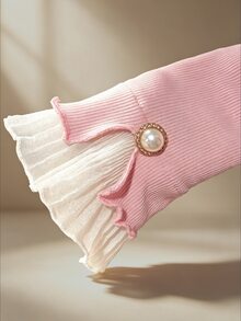 RosyDaze Atasan Dalaman Rajut Bergaris Merah Muda Gaya Manis & Lembut Musim Gugur/Dingin, Atasan Lapisan Dalam Berbahan Chiffon dengan Kerah Semi-Tinggi dan Kancing Mutiara, Potongan Ramping dan Lengan Panjang Mengembang, Atasan Lapisan Dalam Serbaguna untuk Perjalanan dan Kencan - Berwarna merah muda - View 5