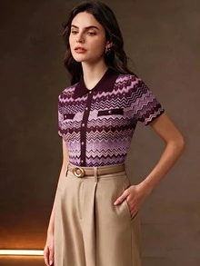 Anewsta 女款時尚現代復古多色拼接精緻鈕扣短袖針織上衣，條紋上班穿搭上衣，夏季服飾 - 紫色 - 查看 5
