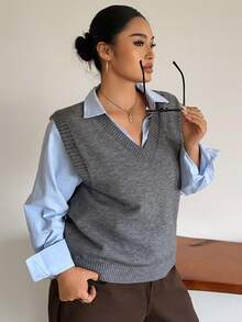 Dazy Plus Chaleco sin mangas de cuello en V de unicolor, suéter versátil para capas en primavera/otoño/invierno - Gris - Ver 2