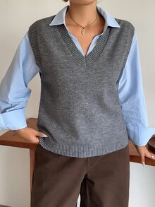 Dazy Plus Chaleco sin mangas de cuello en V de unicolor, suéter versátil para capas en primavera/otoño/invierno - Gris - Ver 4