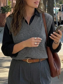 Dazy Plus Chaleco sin mangas de cuello en V de unicolor, suéter versátil para capas en primavera/otoño/invierno - Gris - Ver 11
