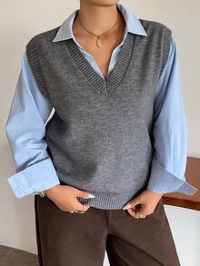 Dazy Plus Chaleco sin mangas de cuello en V de unicolor, suéter versátil para capas en primavera/otoño/invierno - Gris - Ver 5