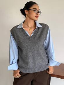 Dazy Plus Chaleco sin mangas de cuello en V de unicolor, suéter versátil para capas en primavera/otoño/invierno - Gris - Ver 3