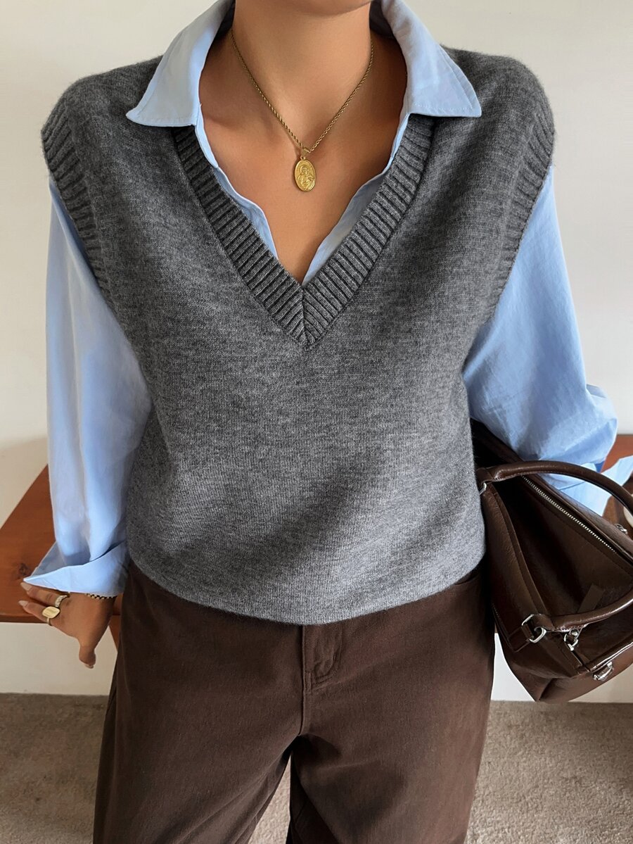 Dazy Plus Chaleco sin mangas de cuello en V de unicolor, suéter versátil para capas en primavera/otoño/invierno - Gris - Ver 1