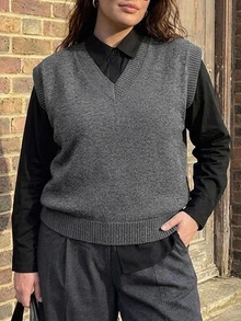 Dazy Plus Chaleco sin mangas de cuello en V de unicolor, suéter versátil para capas en primavera/otoño/invierno - Gris - Ver 12