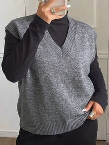 Dazy Plus Chaleco sin mangas de cuello en V de unicolor, suéter versátil para capas en primavera/otoño/invierno - Gris - Ver 7