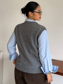 Dazy Plus Chaleco sin mangas de cuello en V de unicolor, suéter versátil para capas en primavera/otoño/invierno - Gris - Ver 6