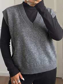 Dazy Plus Chaleco sin mangas de cuello en V de unicolor, suéter versátil para capas en primavera/otoño/invierno - Gris - Ver 8