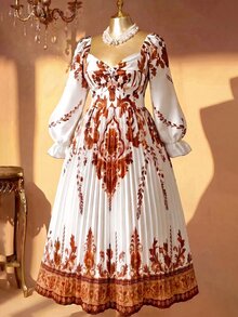 Rometta 女款大尺碼 1920 年代復古波希米亞風 全白定位印花 優雅百褶長袖 V 領高腰飄逸晚禮服 - 杏色 - 查看 5