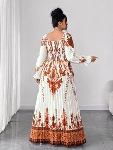 Rometta 女款大尺碼 1920 年代復古波希米亞風 全白定位印花 優雅百褶長袖 V 領高腰飄逸晚禮服 - 杏色 - 查看 11