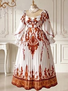 Rometta 女款大尺碼 1920 年代復古波希米亞風 全白定位印花 優雅百褶長袖 V 領高腰飄逸晚禮服 - 杏色 - 查看 6