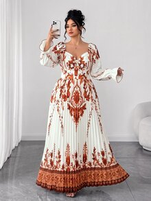 Rometta 女款大尺碼 1920 年代復古波希米亞風 全白定位印花 優雅百褶長袖 V 領高腰飄逸晚禮服 - 杏色 - 查看 10