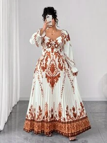 Rometta 女款大尺碼 1920 年代復古波希米亞風 全白定位印花 優雅百褶長袖 V 領高腰飄逸晚禮服 - 杏色 - 查看 2