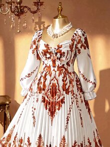 Rometta 女款大尺碼 1920 年代復古波希米亞風 全白定位印花 優雅百褶長袖 V 領高腰飄逸晚禮服 - 杏色 - 查看 4