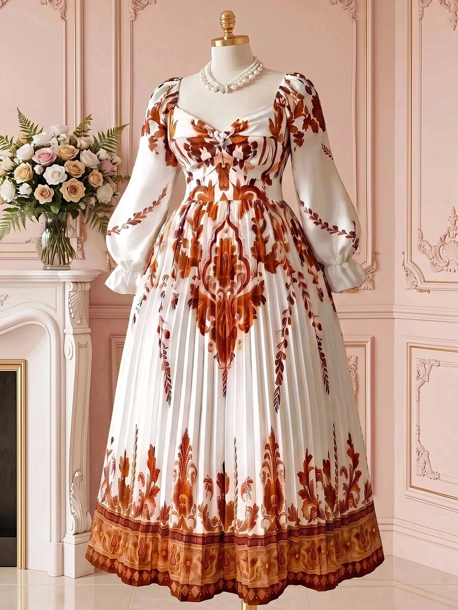 Rometta 女款大尺碼 1920 年代復古波希米亞風 全白定位印花 優雅百褶長袖 V 領高腰飄逸晚禮服 - 杏色 - 查看 1