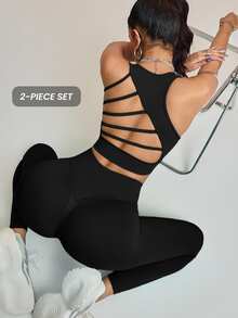 Innovista Conjunto Esportivo Feminino Preto e Vermelho com Costas Abertas e Canelado, Conjunto de Academia, Conjunto de Exercícios, Conjunto de Pilates e Yoga, Roupa Esportiva, Roupa Ativa, Push Up, Levantamento de Bumbum, À Prova de Agachamento, Controle de Barriga - Preto - Visão 10