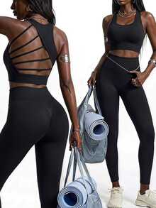 Innovista Conjunto Esportivo Feminino Preto e Vermelho com Costas Abertas e Canelado, Conjunto de Academia, Conjunto de Exercícios, Conjunto de Pilates e Yoga, Roupa Esportiva, Roupa Ativa, Push Up, Levantamento de Bumbum, À Prova de Agachamento, Controle de Barriga - Preto - Visão 2