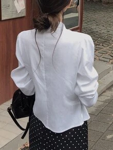 DAZY 純色翻領修身短袖白色女款襯衫 秋季 - 白色 - 查看 7