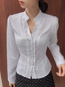 DAZY 純色翻領修身短袖白色女款襯衫 秋季 - 白色 - 查看 4