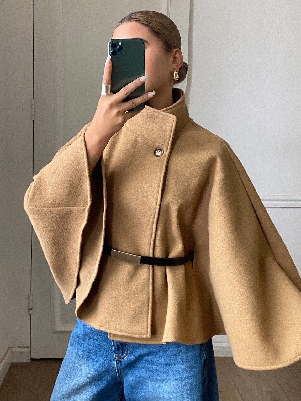 Women's Solid Color Stand Collar Single Button Cape Overcoat Fall