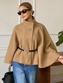 DAZY Mantel Panjang Wanita Warna Polos dengan Kerah Tegak dan Kancing Tunggal untuk Musim Gugur - Khaki - View 7