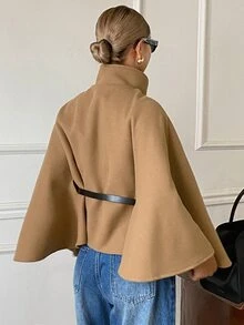 DAZY Mantel Panjang Wanita Warna Polos dengan Kerah Tegak dan Kancing Tunggal untuk Musim Gugur - Khaki - View 4
