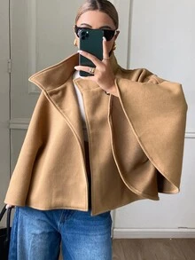 DAZY Mantel Panjang Wanita Warna Polos dengan Kerah Tegak dan Kancing Tunggal untuk Musim Gugur - Khaki - View 6