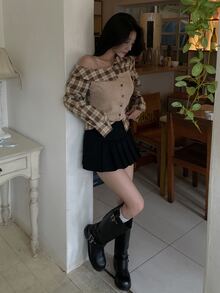 DAZY Blus Wanita Motif Kotak-kotak Kontras Warna Pendek Bahu Asimetris Lengan Panjang Gaya Preppy untuk Thanksgiving Musim Semi Musim Gugur, Cocok untuk Makan Siang, Warna Cokelat - Khaki - View 6