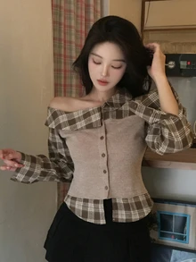 DAZY Blus Wanita Motif Kotak-kotak Kontras Warna Pendek Bahu Asimetris Lengan Panjang Gaya Preppy untuk Thanksgiving Musim Semi Musim Gugur, Cocok untuk Makan Siang, Warna Cokelat - Khaki - View 4