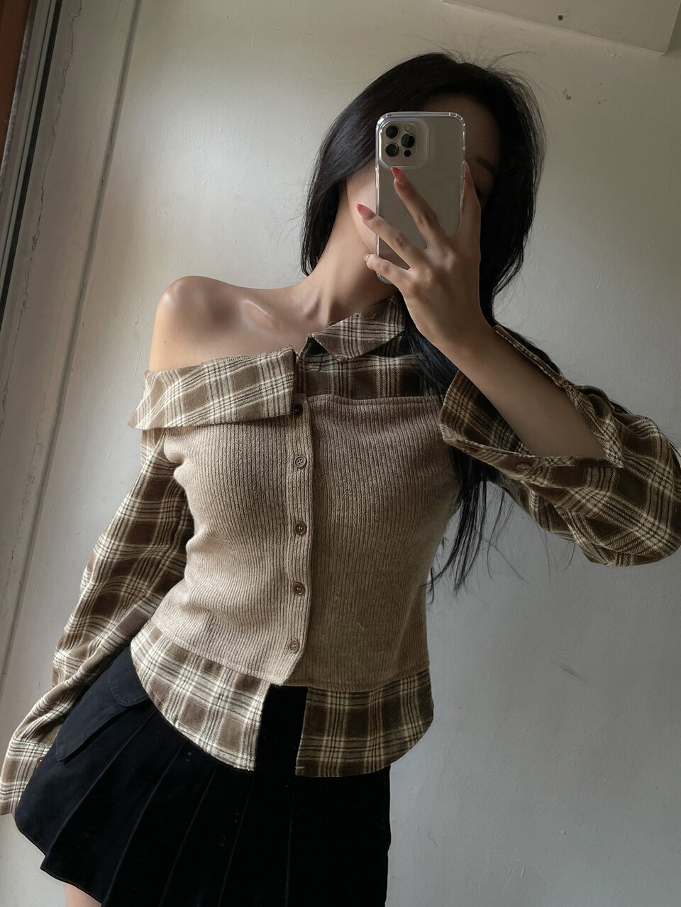 Women's Patchwork Contrast Color Plaid Short Asymmetrical Shoulder Long Sleeve Preppy Thanksgiving Spring Autumn Blouse Shirt Brunch Brown