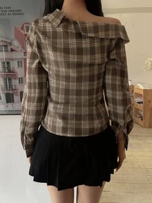 DAZY Blus Wanita Motif Kotak-kotak Kontras Warna Pendek Bahu Asimetris Lengan Panjang Gaya Preppy untuk Thanksgiving Musim Semi Musim Gugur, Cocok untuk Makan Siang, Warna Cokelat - Khaki - View 7