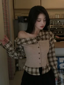 DAZY Blus Wanita Motif Kotak-kotak Kontras Warna Pendek Bahu Asimetris Lengan Panjang Gaya Preppy untuk Thanksgiving Musim Semi Musim Gugur, Cocok untuk Makan Siang, Warna Cokelat - Khaki - View 3