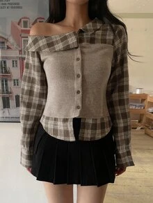 DAZY Blus Wanita Motif Kotak-kotak Kontras Warna Pendek Bahu Asimetris Lengan Panjang Gaya Preppy untuk Thanksgiving Musim Semi Musim Gugur, Cocok untuk Makan Siang, Warna Cokelat - Khaki - View 5