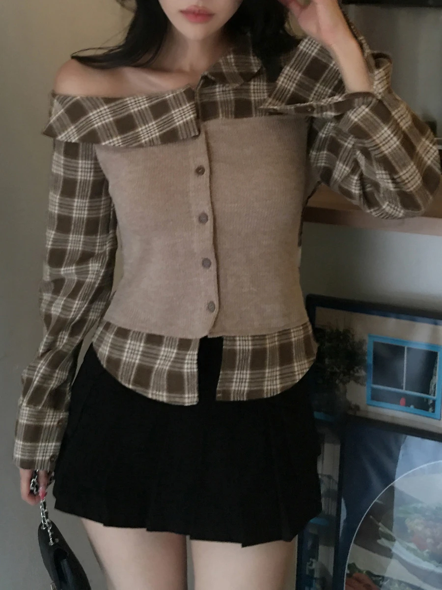 DAZY Blus Wanita Motif Kotak-kotak Kontras Warna Pendek Bahu Asimetris Lengan Panjang Gaya Preppy untuk Thanksgiving Musim Semi Musim Gugur, Cocok untuk Makan Siang, Warna Cokelat - Khaki - View 1